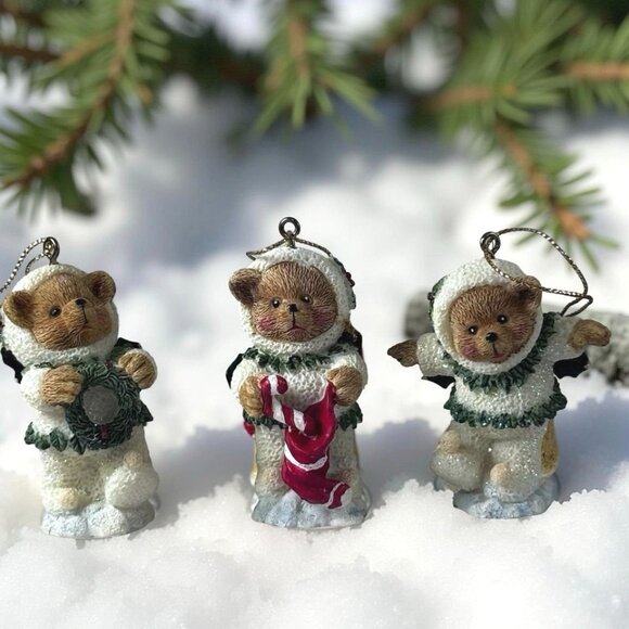 unknown Other - Set of 3 Sparkly Snow Suit Teddy Bear Ornaments 1990s Glittered Resin Christmas
